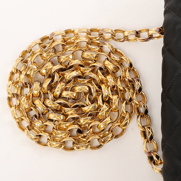 CHANEL Around 1990 Made Leather Silk Satin Combination Design Flap Bijoux Chain Bag Mini Black