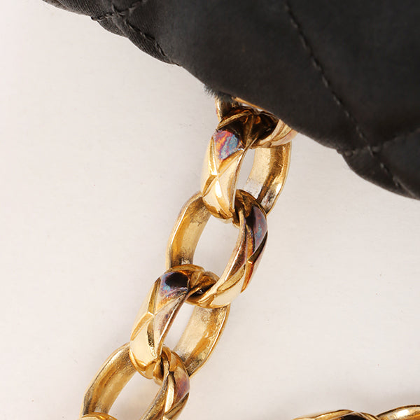 CHANEL Around 1990 Made Leather Silk Satin Combination Design Flap Bijoux Chain Bag Mini Black