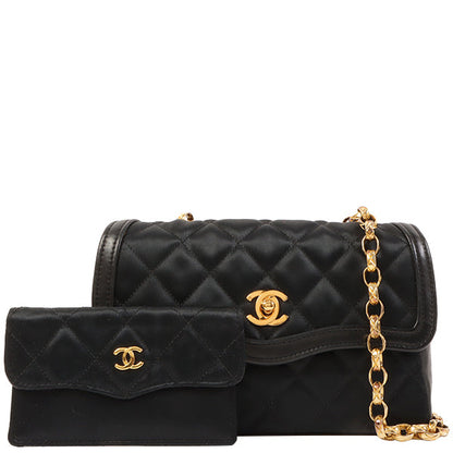 CHANEL Around 1990 Made Leather Silk Satin Combination Design Flap Bijoux Chain Bag Mini Black