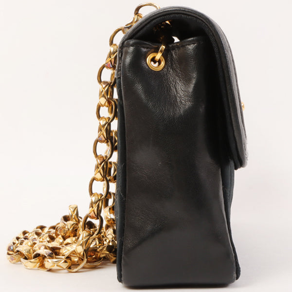 CHANEL Around 1990 Made Leather Silk Satin Combination Design Flap Bijoux Chain Bag Mini Black