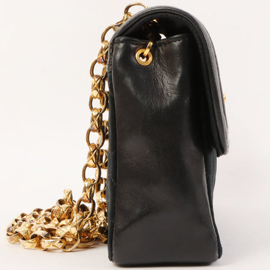 CHANEL Around 1990 Made Leather Silk Satin Combination Design Flap Bijoux Chain Bag Mini Black