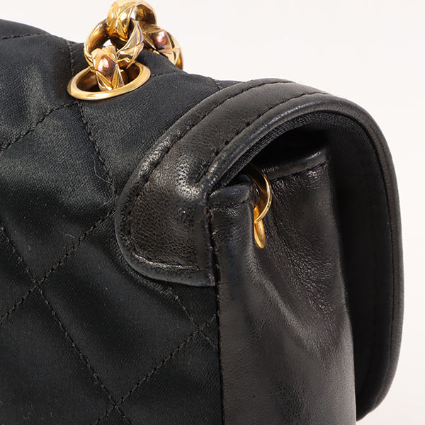 CHANEL Around 1990 Made Leather Silk Satin Combination Design Flap Bijoux Chain Bag Mini Black