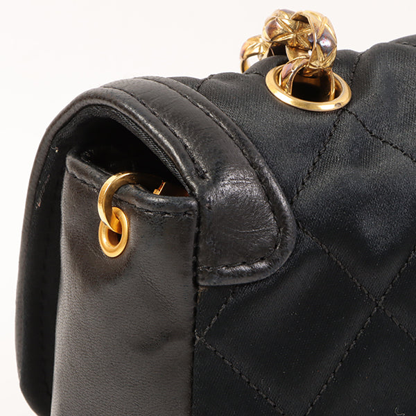 CHANEL Around 1990 Made Leather Silk Satin Combination Design Flap Bijoux Chain Bag Mini Black