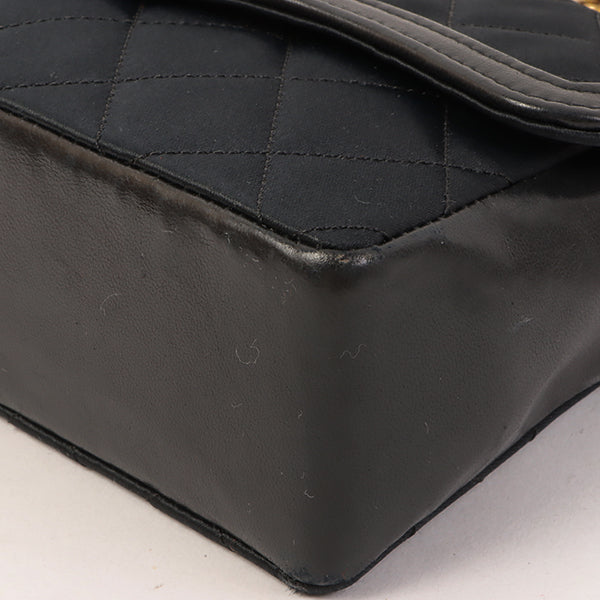 CHANEL Around 1990 Made Leather Silk Satin Combination Design Flap Bijoux Chain Bag Mini Black