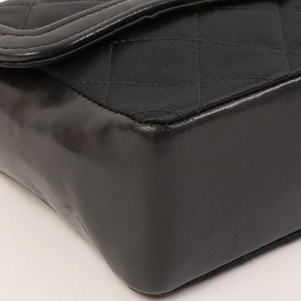 CHANEL Around 1990 Made Leather Silk Satin Combination Design Flap Bijoux Chain Bag Mini Black
