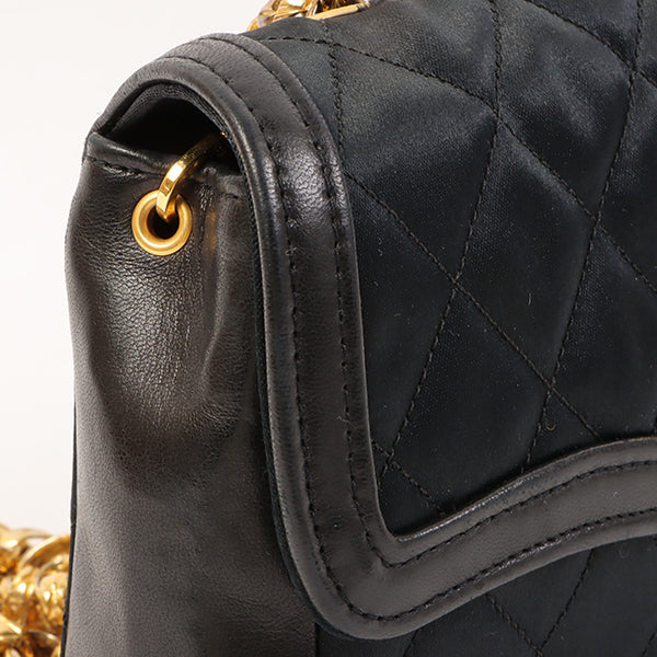 CHANEL Around 1990 Made Leather Silk Satin Combination Design Flap Bijoux Chain Bag Mini Black