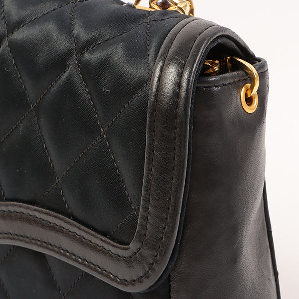 CHANEL Around 1990 Made Leather Silk Satin Combination Design Flap Bijoux Chain Bag Mini Black
