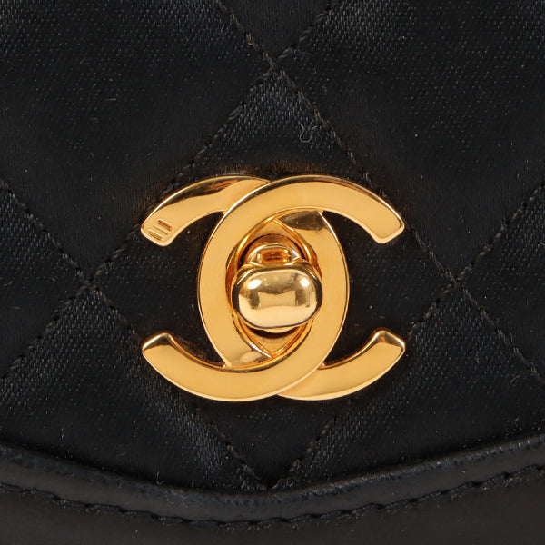 CHANEL Around 1990 Made Leather Silk Satin Combination Design Flap Bijoux Chain Bag Mini Black