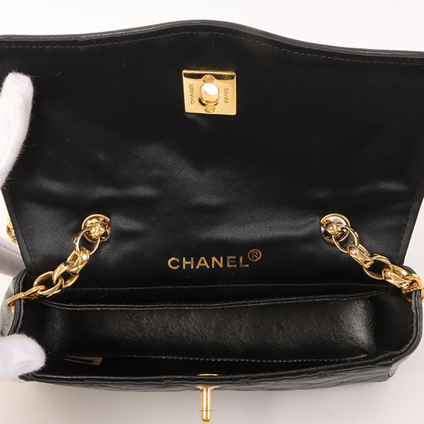 CHANEL Around 1990 Made Leather Silk Satin Combination Design Flap Bijoux Chain Bag Mini Black