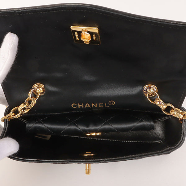 CHANEL Around 1990 Made Leather Silk Satin Combination Design Flap Bijoux Chain Bag Mini Black