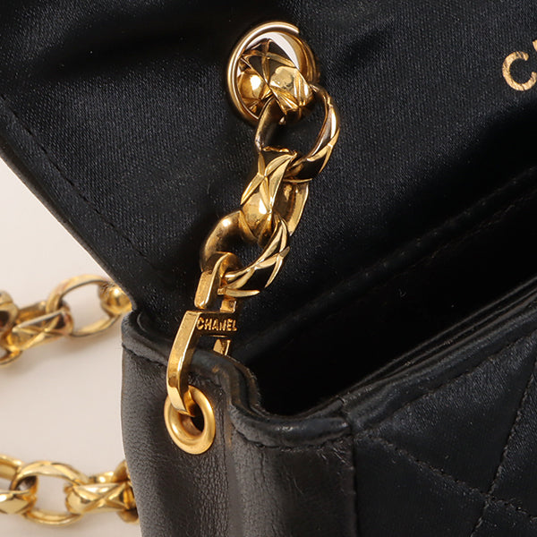 CHANEL Around 1990 Made Leather Silk Satin Combination Design Flap Bijoux Chain Bag Mini Black