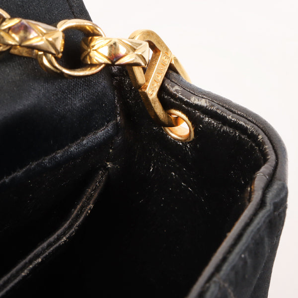CHANEL Around 1990 Made Leather Silk Satin Combination Design Flap Bijoux Chain Bag Mini Black