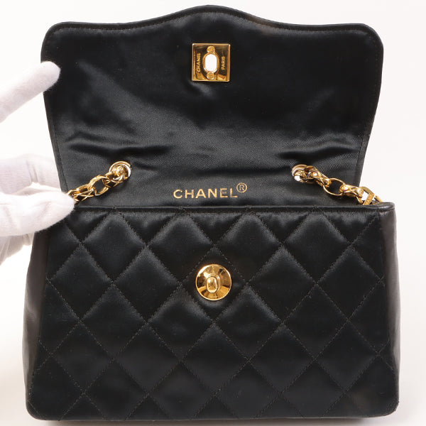 CHANEL Around 1990 Made Leather Silk Satin Combination Design Flap Bijoux Chain Bag Mini Black
