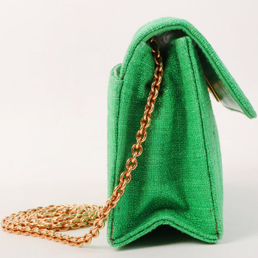 Chanel Around 1992 Made Linen Mademoiselle Stitch Turn-Lock Chain Bag Mini Green