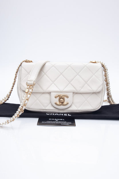 CHANEL Small Cream Crystal Pearls Chain Quilted Calfskin Flap Bag