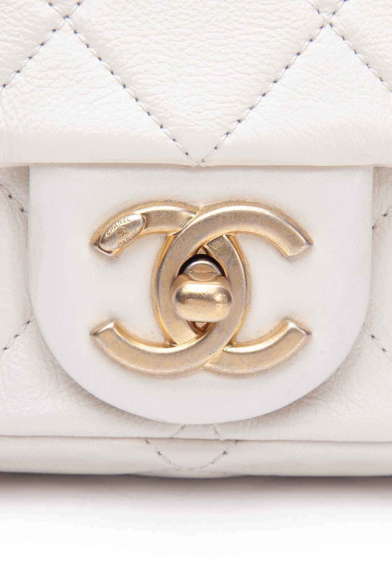 CHANEL Small Cream Crystal Pearls Chain Quilted Calfskin Flap Bag