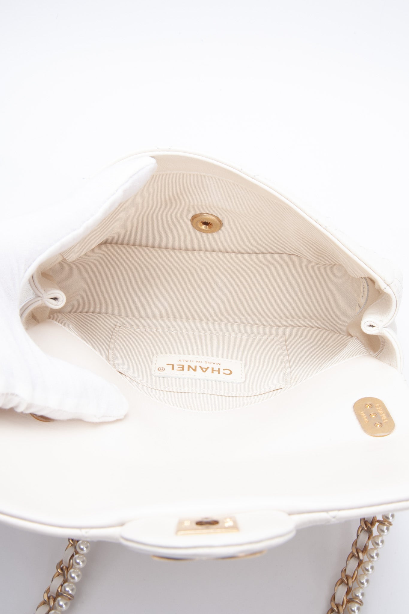 CHANEL Small Cream Crystal Pearls Chain Quilted Calfskin Flap Bag