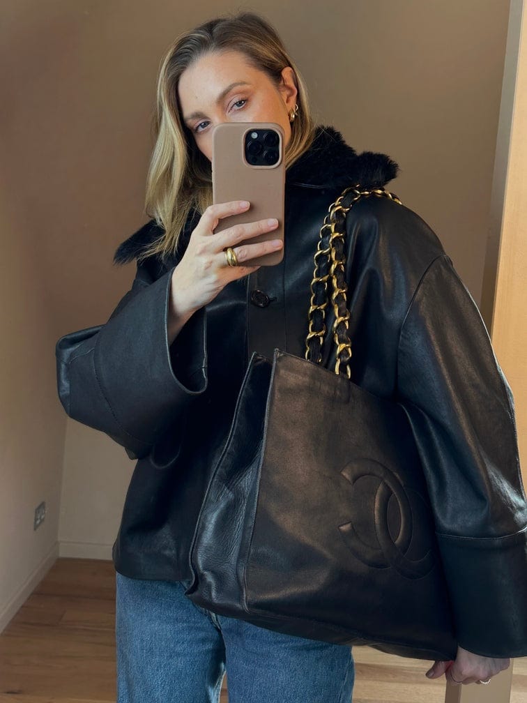 Chanel Black Leather Tote Bag with Chunky Gold Hardware