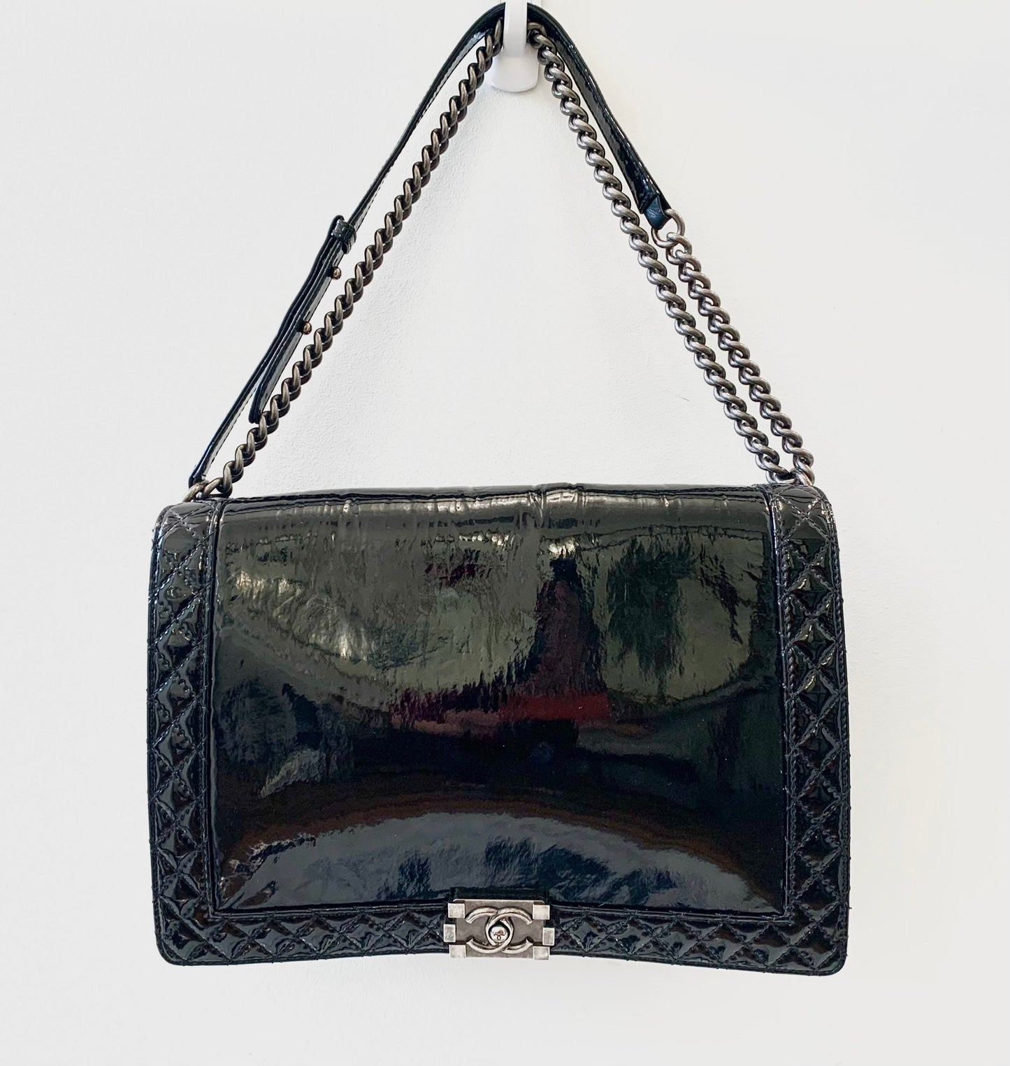 CHANEL REVERSO PATENT LEATHER LARGE BOY BAG