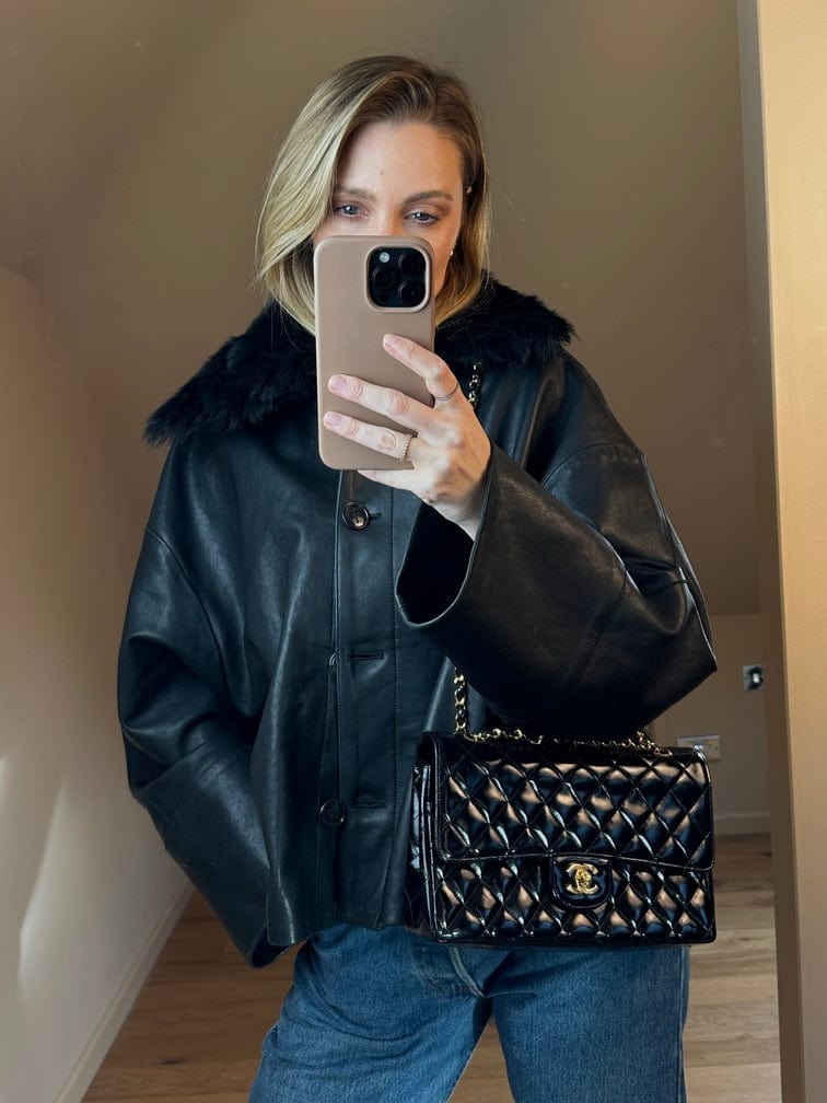 Chanel Classic Double Flap Bag Medium Black Patent Leather With 24K Gold Plated Hardware