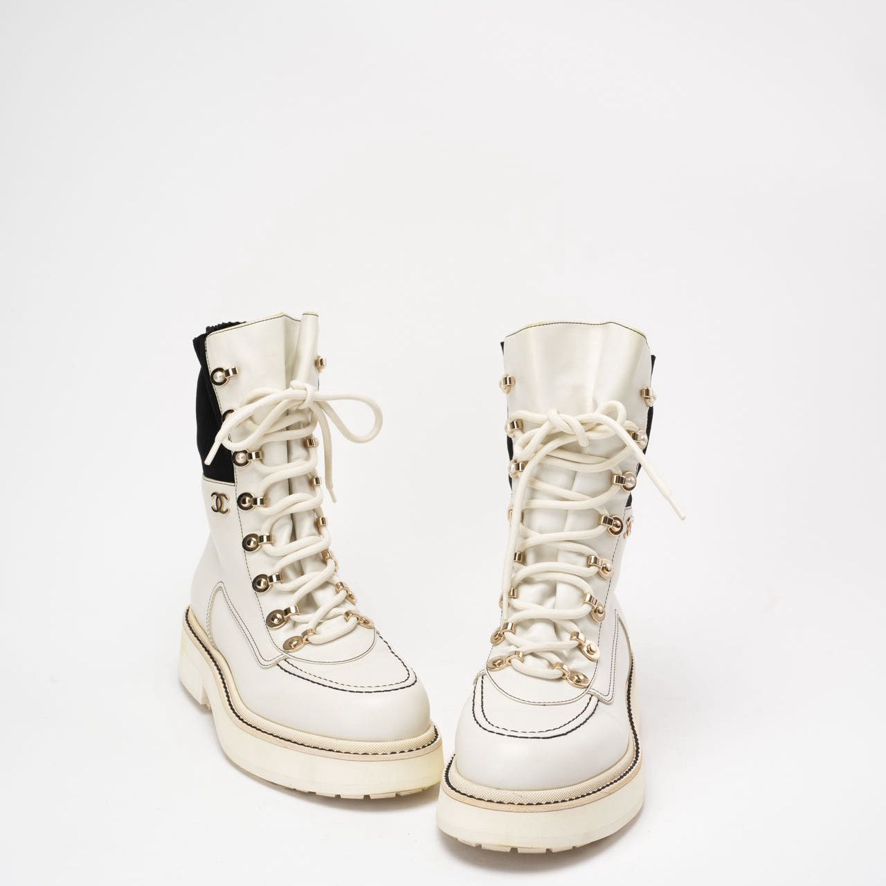 Chanel 21K White/Black CC Combat Ankle Boots 38 ½