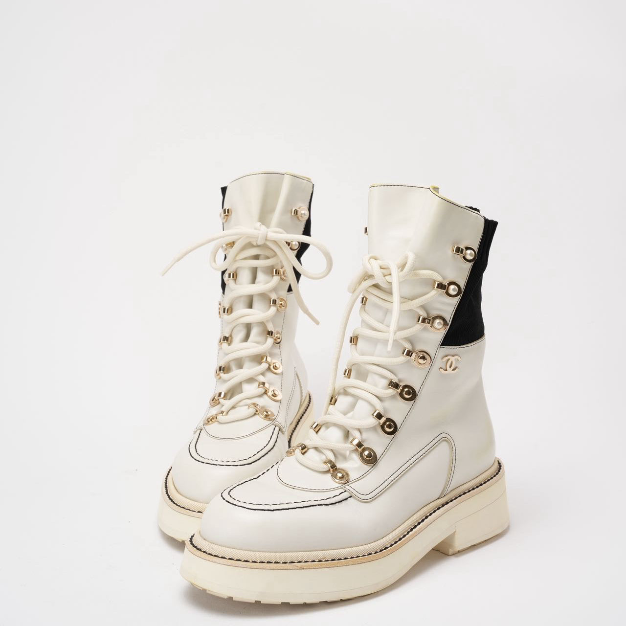 Chanel 21K White/Black CC Combat Ankle Boots 38 ½