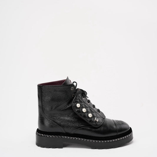Chanel Black CC Pearl Detail Ankle Boots Size 39 ½