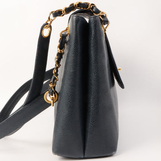 Chanel Around 1997 Made Caviar Skin Turn-Lock Chain Tote Bag Navy