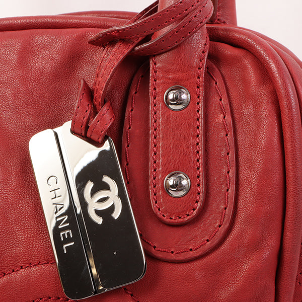 CHANEL Around 2007 Made Cc Mark Stitch Logo Plate Charm Handle Bag Red