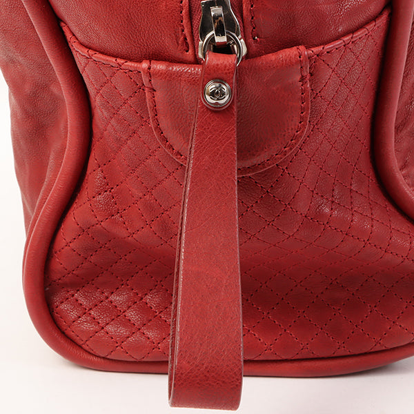CHANEL Around 2007 Made Cc Mark Stitch Logo Plate Charm Handle Bag Red