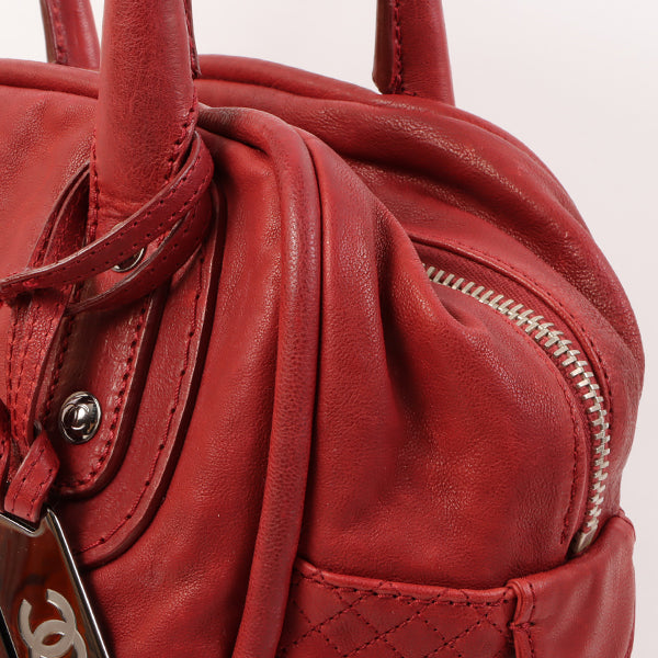 CHANEL Around 2007 Made Cc Mark Stitch Logo Plate Charm Handle Bag Red