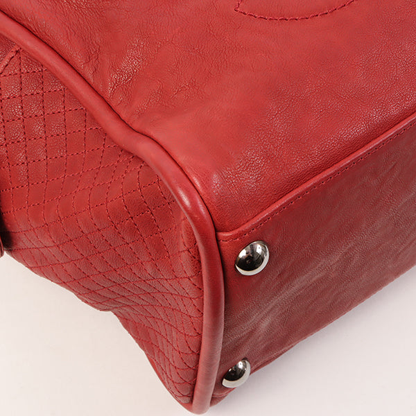 CHANEL Around 2007 Made Cc Mark Stitch Logo Plate Charm Handle Bag Red