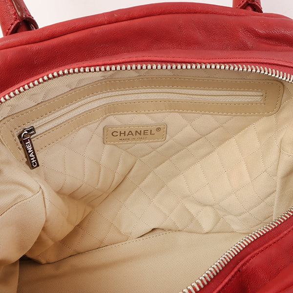 CHANEL Around 2007 Made Cc Mark Stitch Logo Plate Charm Handle Bag Red