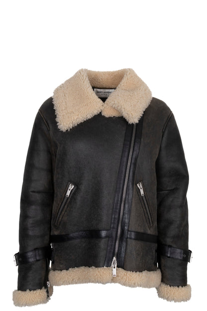 SAINT LAURENT 2023 Shearling Trim Bomber Jacket Brown