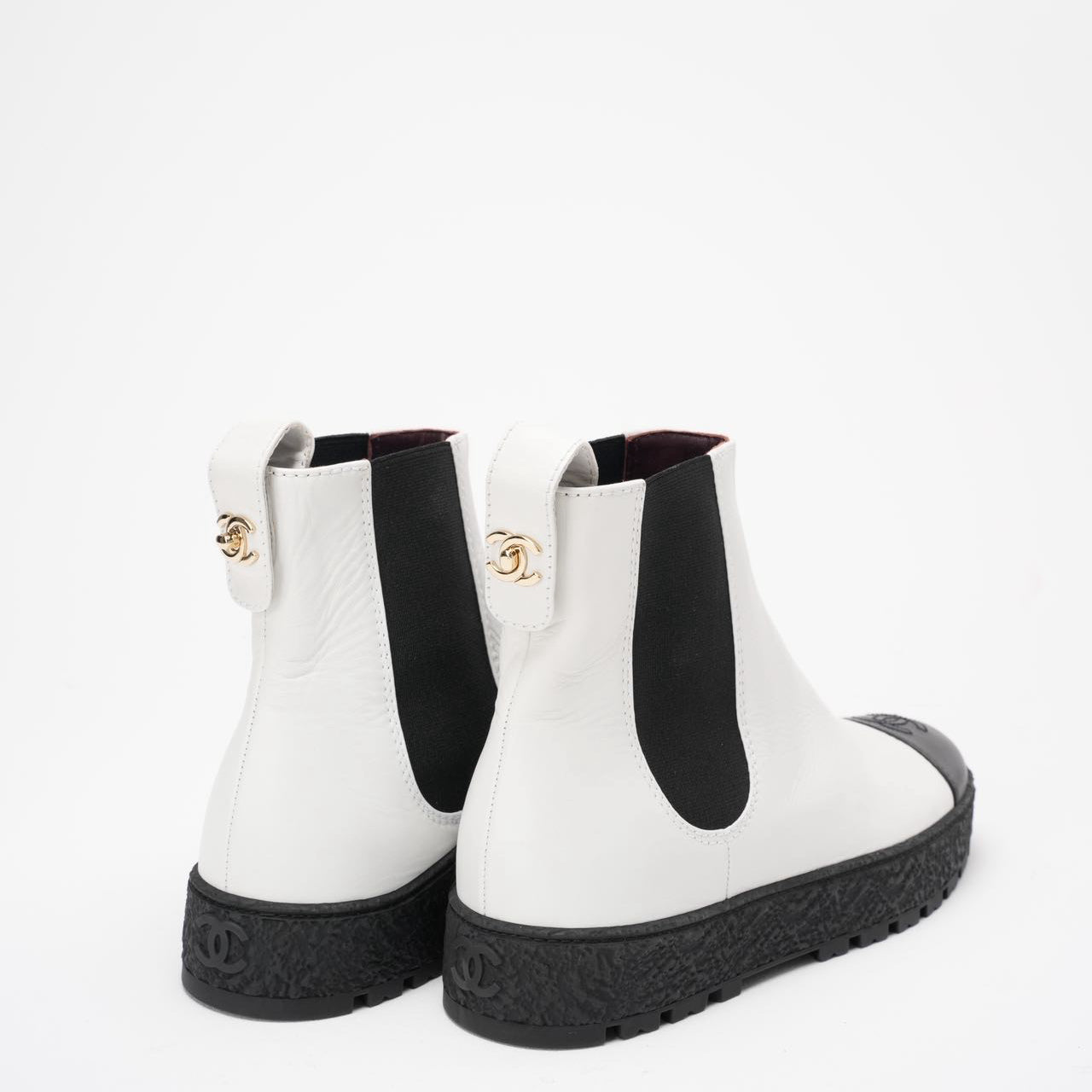 Chanel Black/White Calfskin Cap Toe CC Ankle Boots 39
