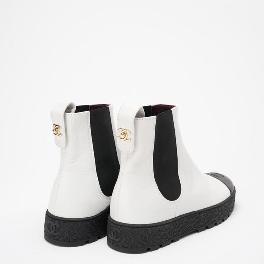Chanel Black/White Calfskin Cap Toe CC Ankle Boots 39