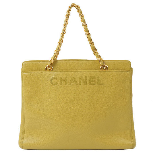 Chanel Around 1998 Made Caviar Skin Logo Embroidered Chain Tote Bag Lime Green