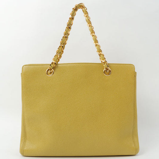 Chanel Around 1998 Made Caviar Skin Logo Embroidered Chain Tote Bag Lime Green