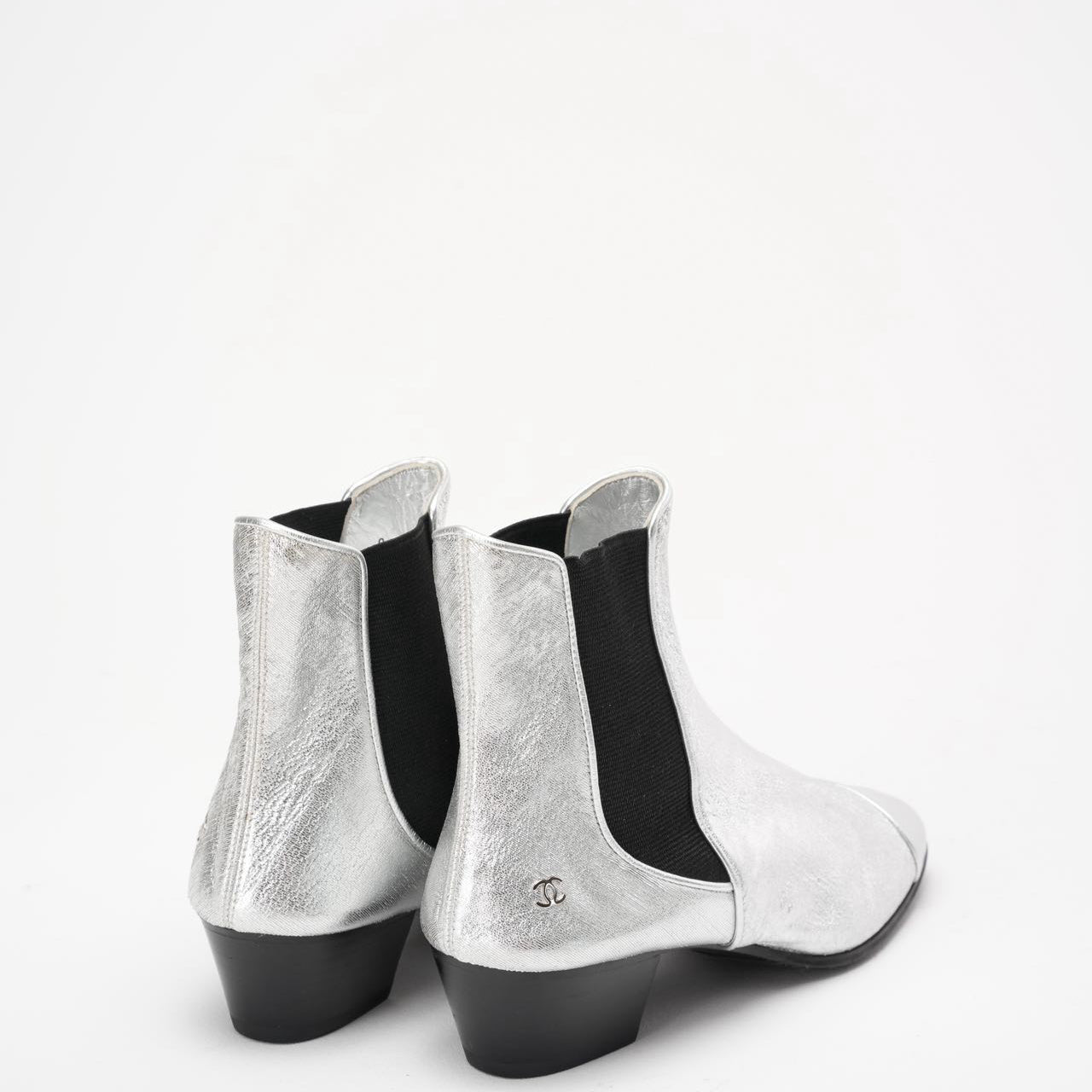 Chanel Silver Fantasy Laminated Cap Toe Ankle Boots 38.5