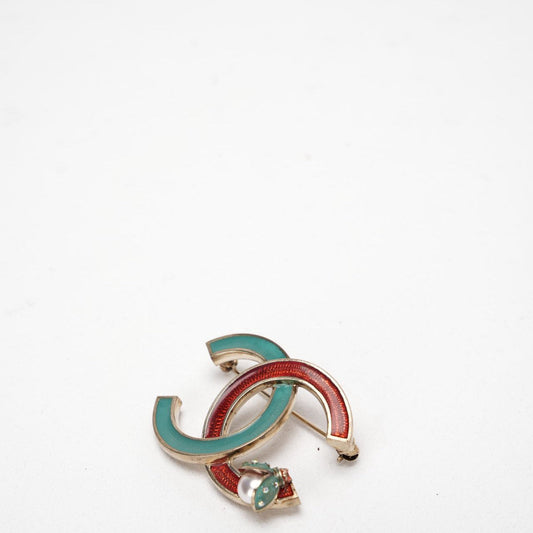 Chanel CC Logo Brooch Red and Green