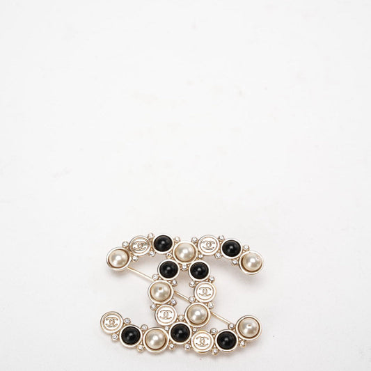 Chanel CC Brooch with Faux Pearls and Black Resin Beads