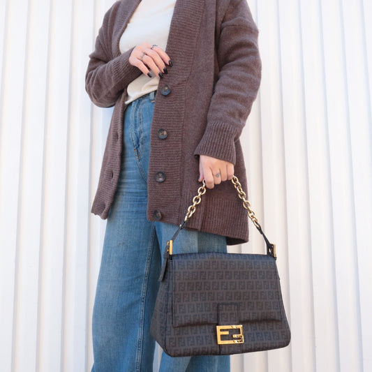 FENDI Zucchino Mamma Baguette PVC Shoulder Bag Brown Black 8BR001