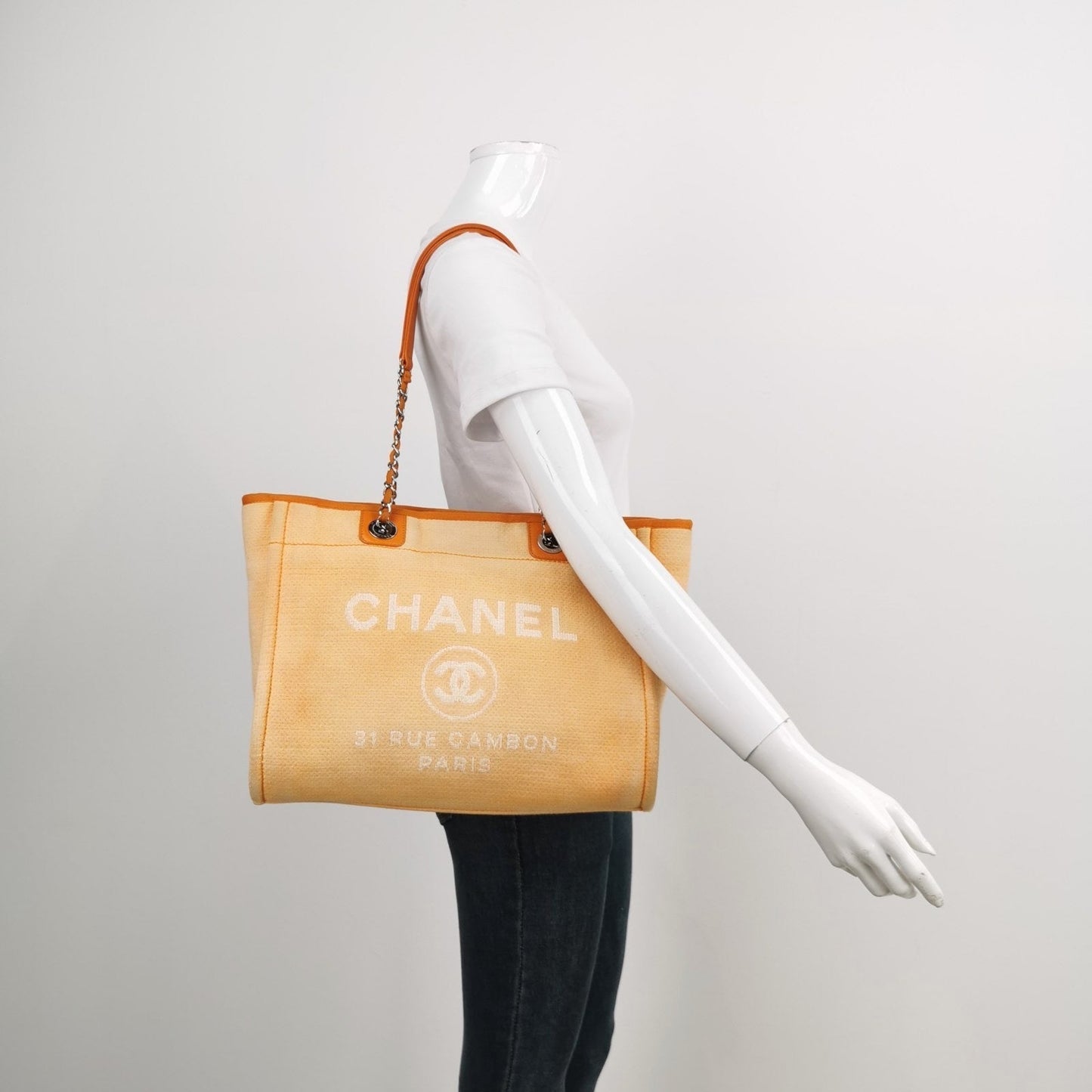 Chanel Deauville Tote Orange Denim Leather Trim Small