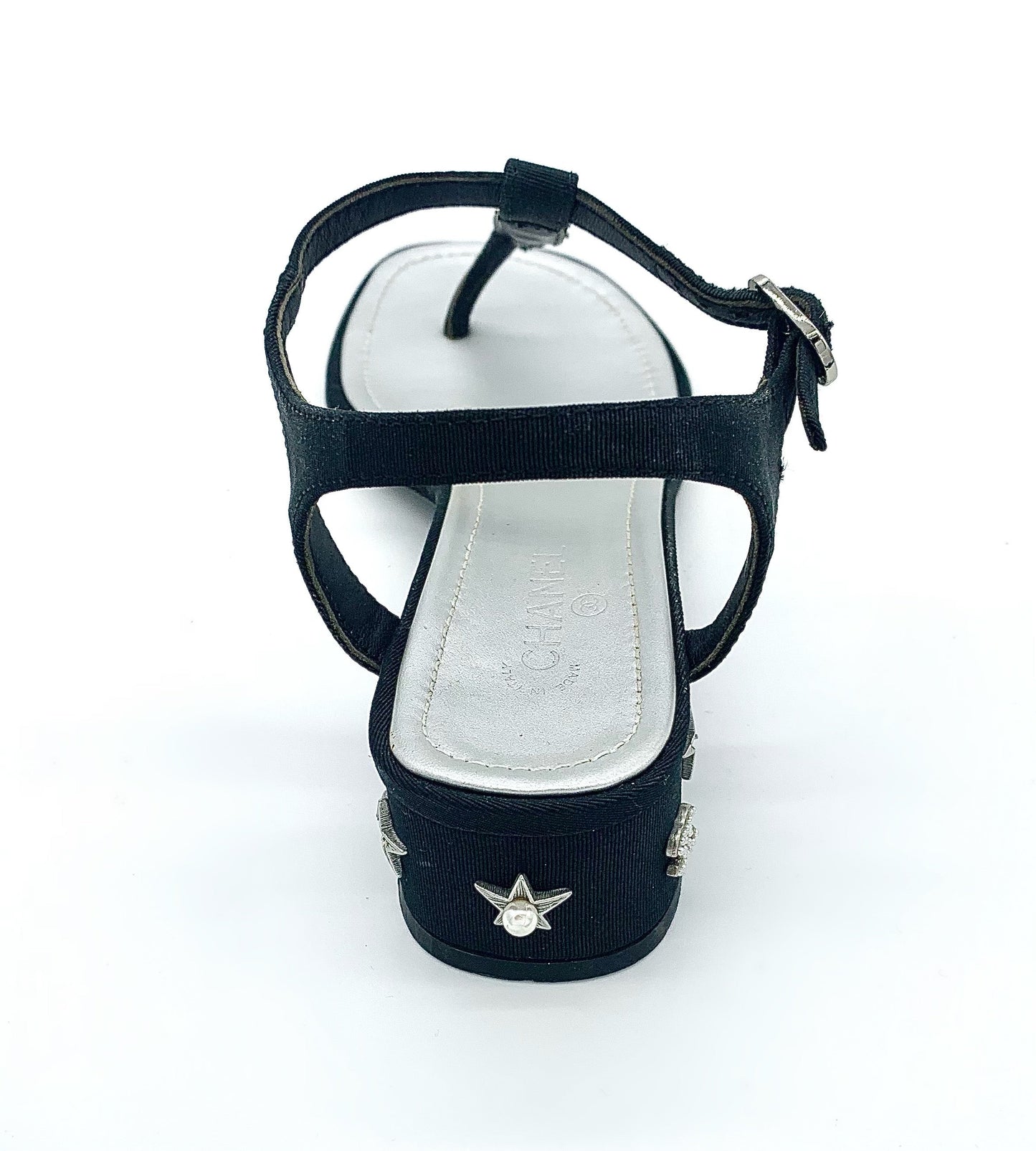 CHANEL T-STRAP PEARL EMBELLISHED BLOCK HEEL SANDALS