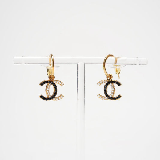 Chanel Faux Pearl/Black Gold Tone CC Earrings