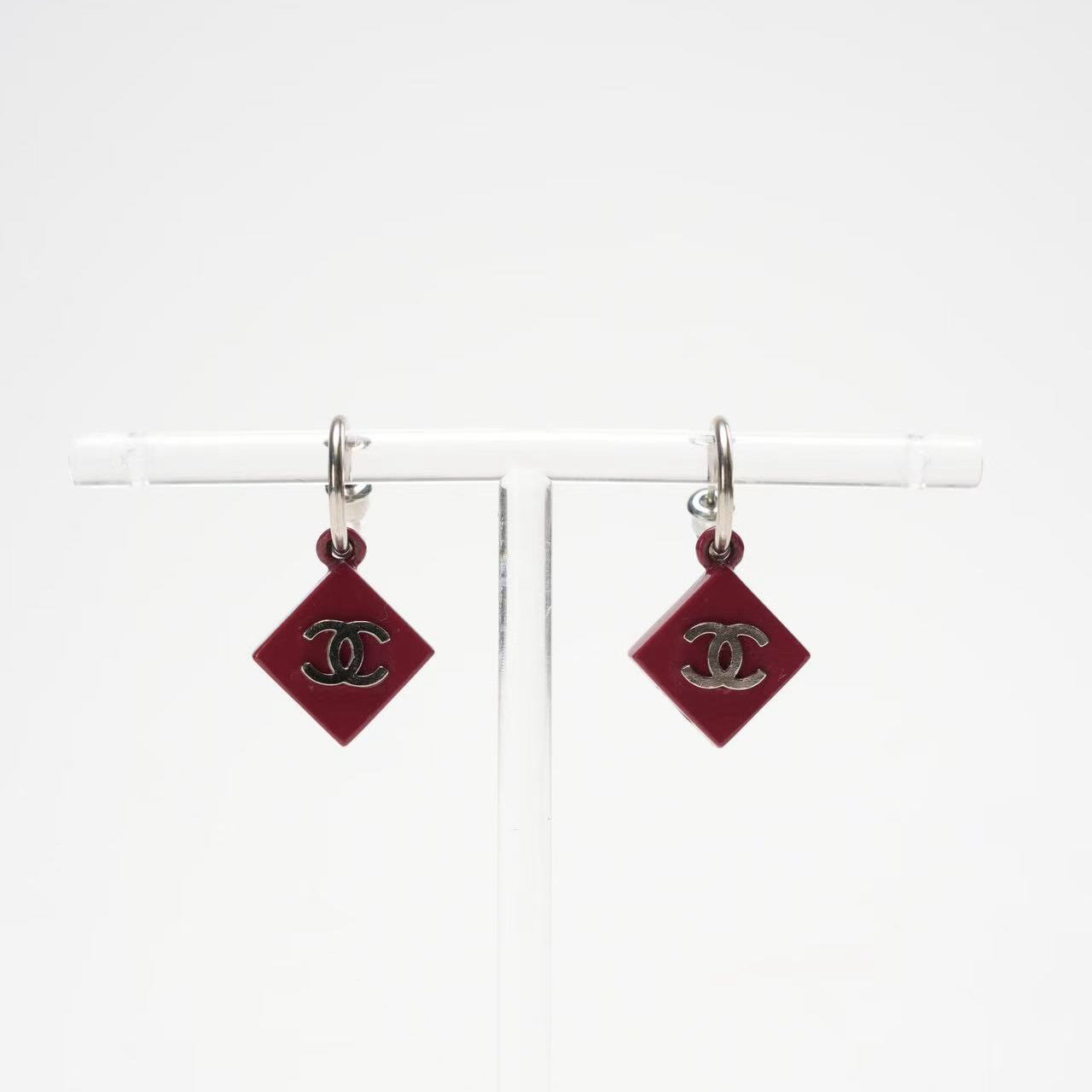 Chanel CC Burgundy Red Enamel Silver Tone Earrings