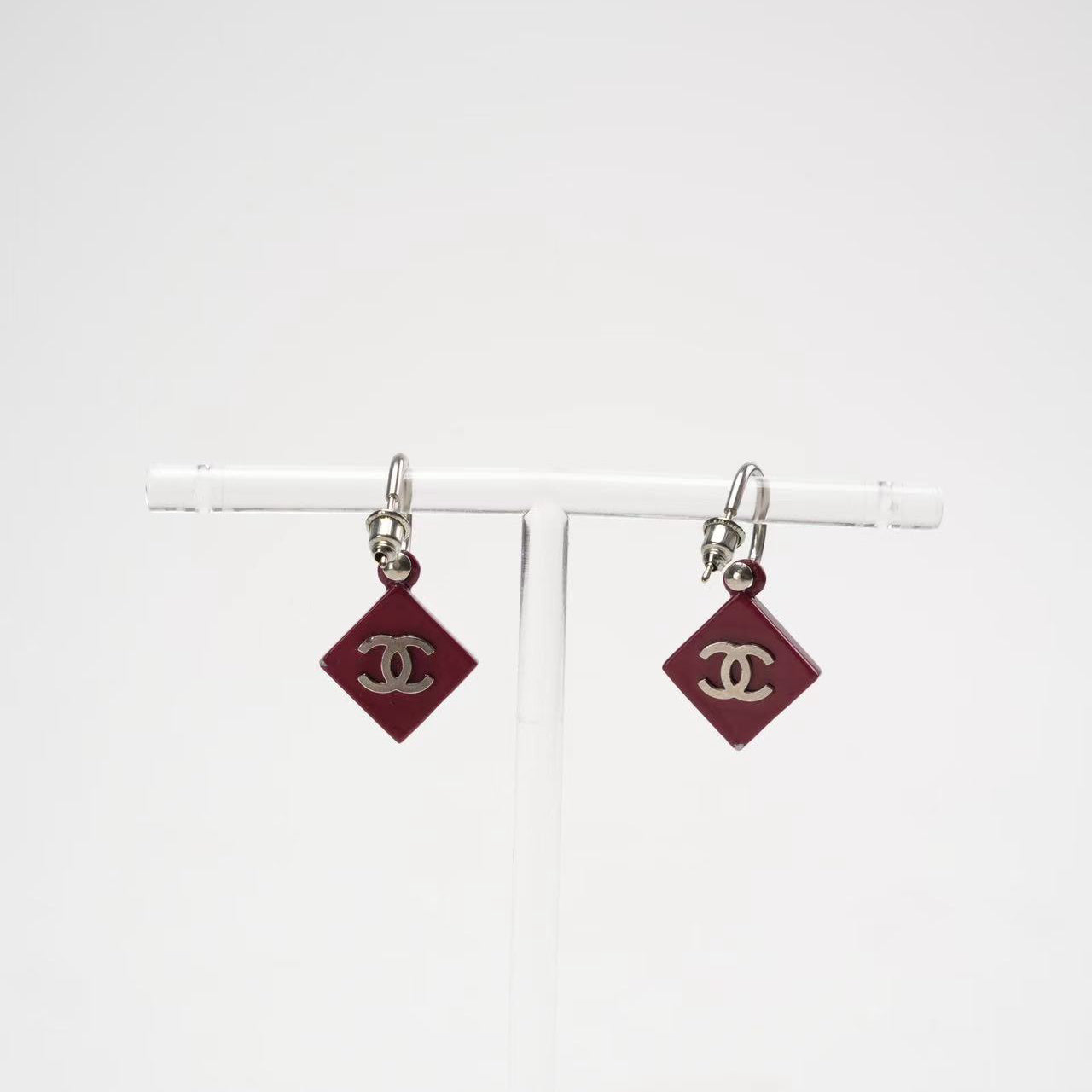 Chanel CC Burgundy Red Enamel Silver Tone Earrings