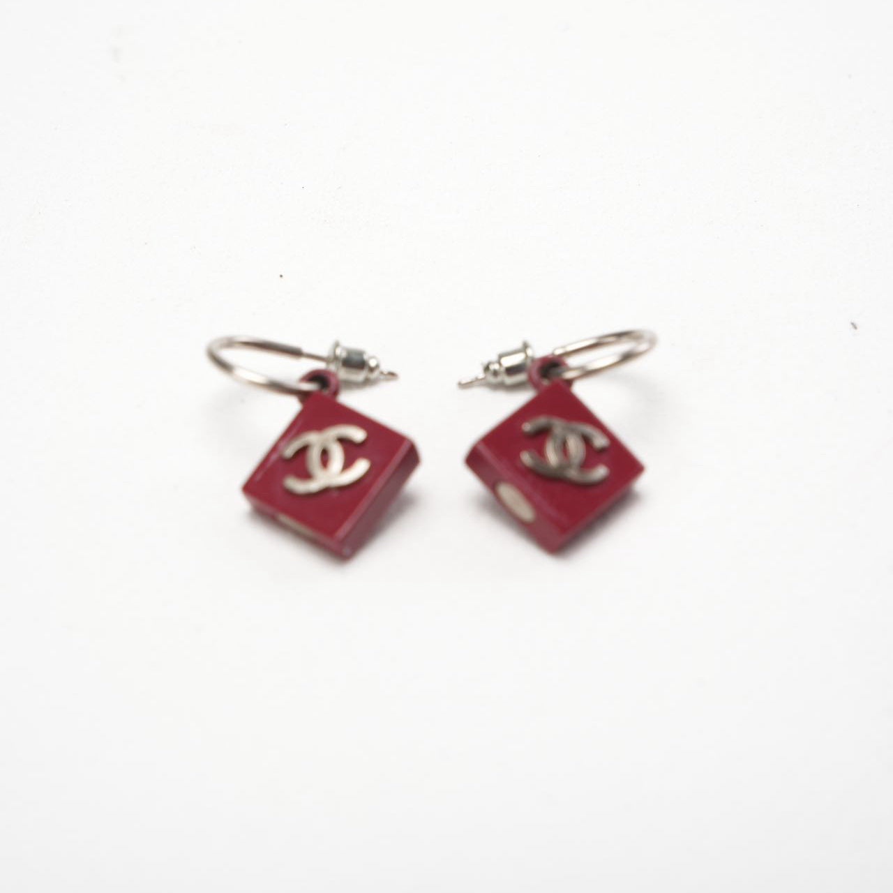 Chanel CC Burgundy Red Enamel Silver Tone Earrings