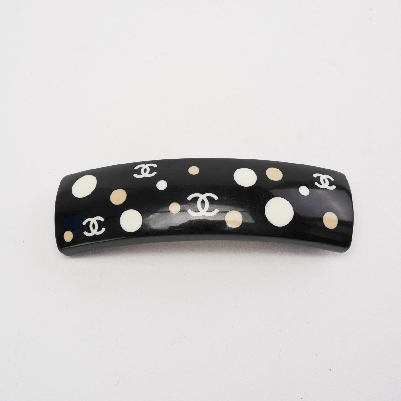 Chanel   Black Ecru Polka Dot CC Logo Hair Clip
