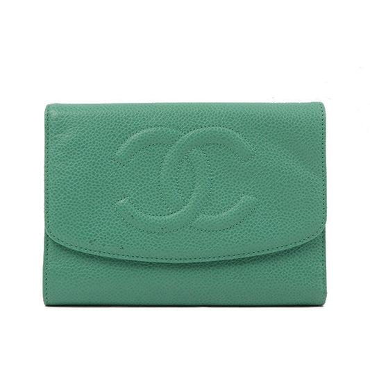 Chanel Around 1998 Made Caviar Skin Cc Mark Stitch Wallet Emerald Green